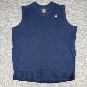 Beverly Hills Polo Club Mens Navy Blue V-Neck Knit Sweater Vest Large Logo